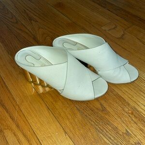 Salvatore Ferragamo, white leather sandal with gold wedge. Size 6